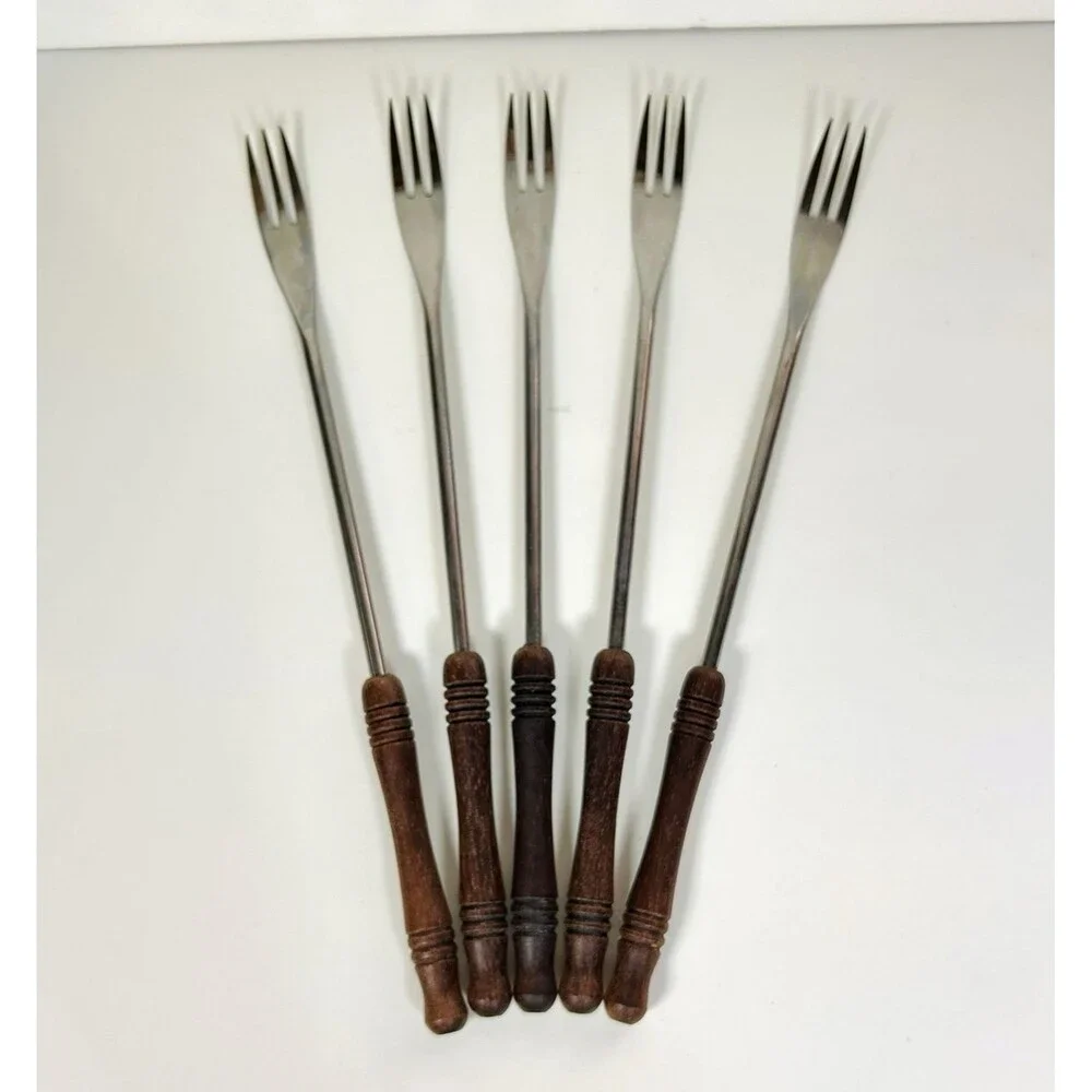 Mid-Century Modern Wooden Handle Fondue Forks Set of 5 Made In Japan